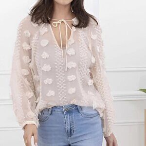 NEW Calypso St Barth Boho 3D Pom Floral Cream Semi Sheer Peasant Blouse Size L